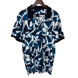 Perry Ellis Blue Teal Print Navy Blue Polo Short Sleeve Shirt Men's XL